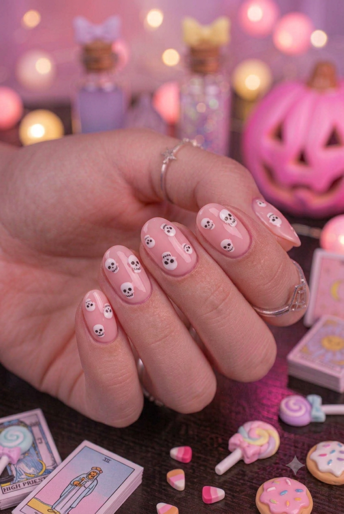 Short almond nails with soft pink base and tiny white skull accents