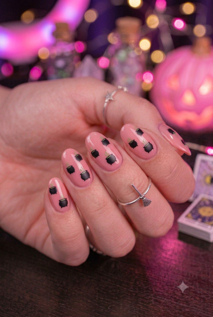 Short almond nails with rose pink base and tiny black cauldron accents