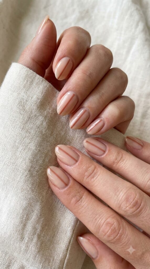 Short almond nails with sheer nude base and thin terracotta line