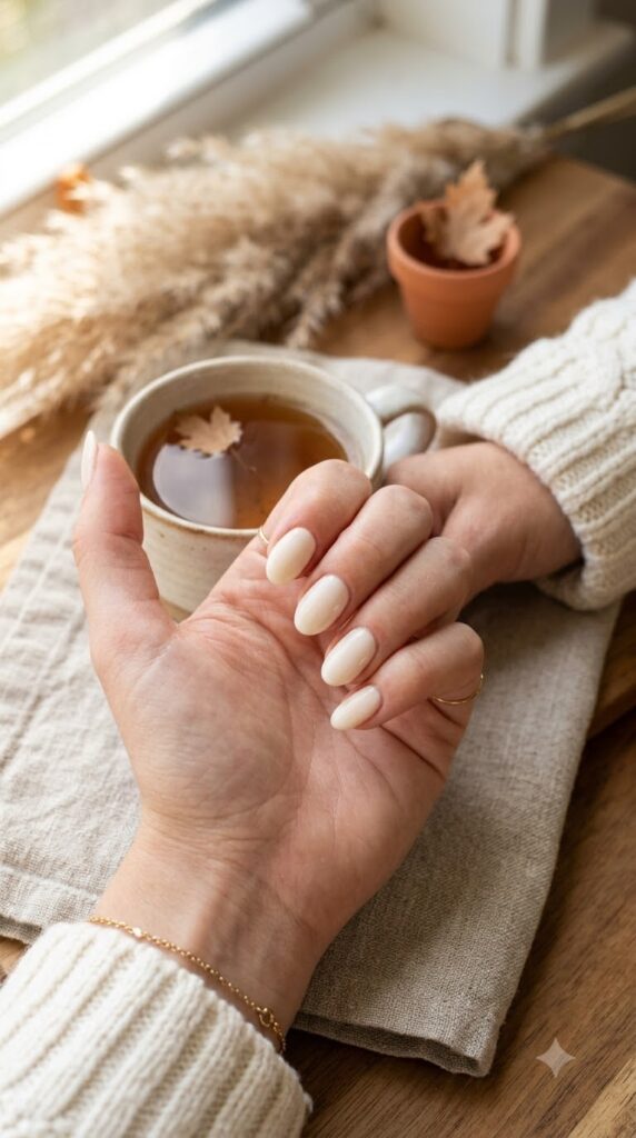 Soft warm white nails for a clean early September manicure
