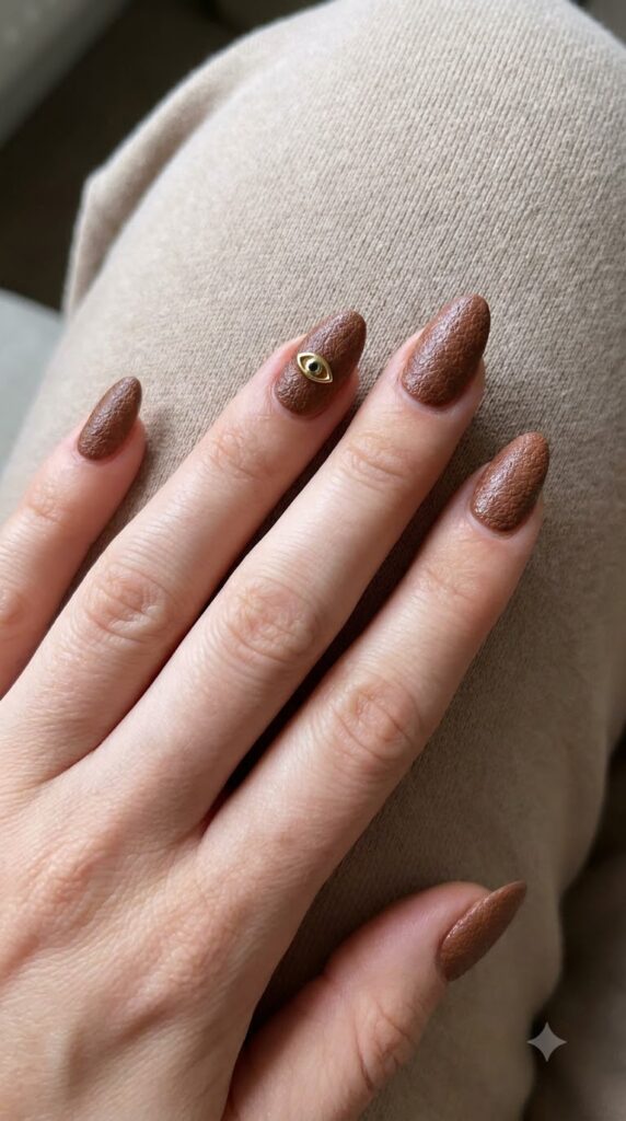Almond nails with brown leather polish and golden eye charm