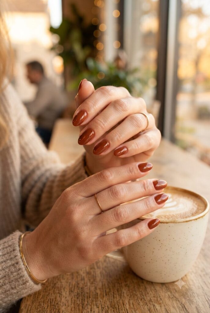 Short almond nails with glossy warm spiced maple red-brown polish
