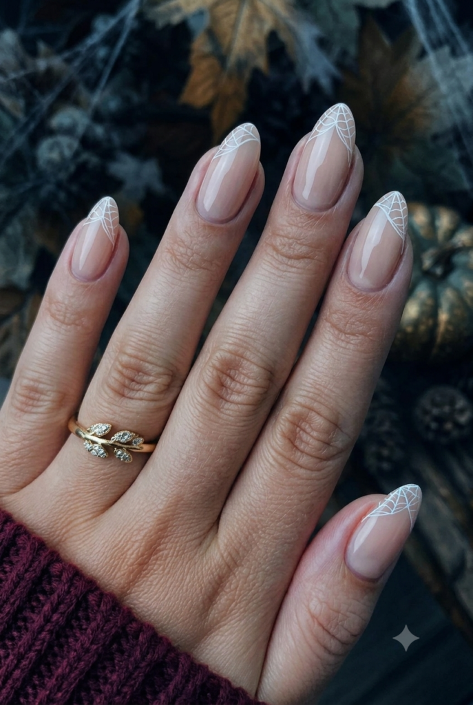Pointed almond nails with nude base and white spider web corners