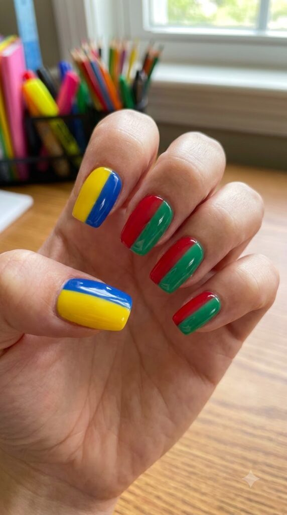 Nails split with two bright classroom colors on each nail