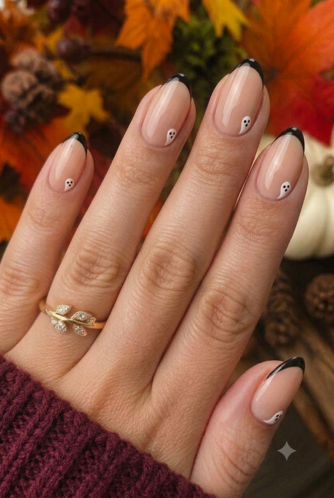 Almond nails with nude base, thin black tips, and tiny ghost faces