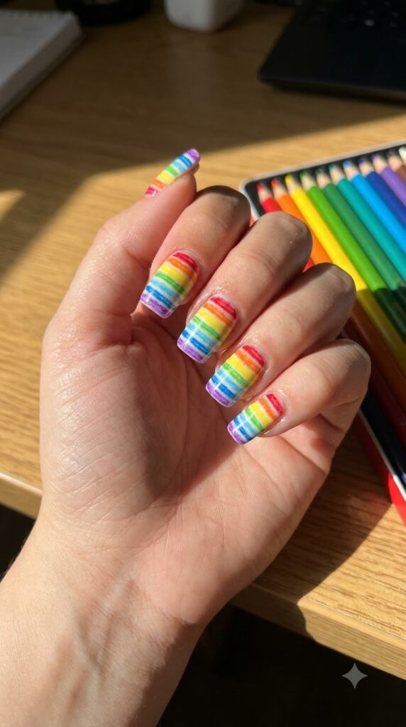 Nails with stacked bright crayon color bars