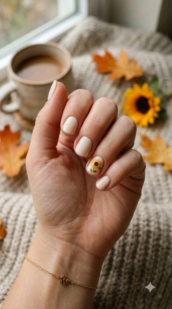 Cream nails with a tiny sunflower accent for September
