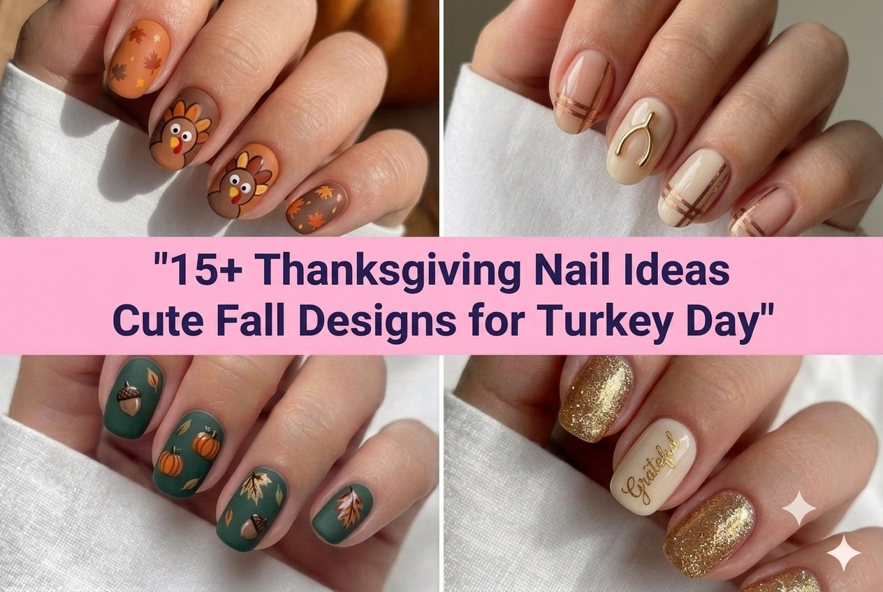 Collage of thanksgiving nail ideas for 2026 with cute Turkey Day designs