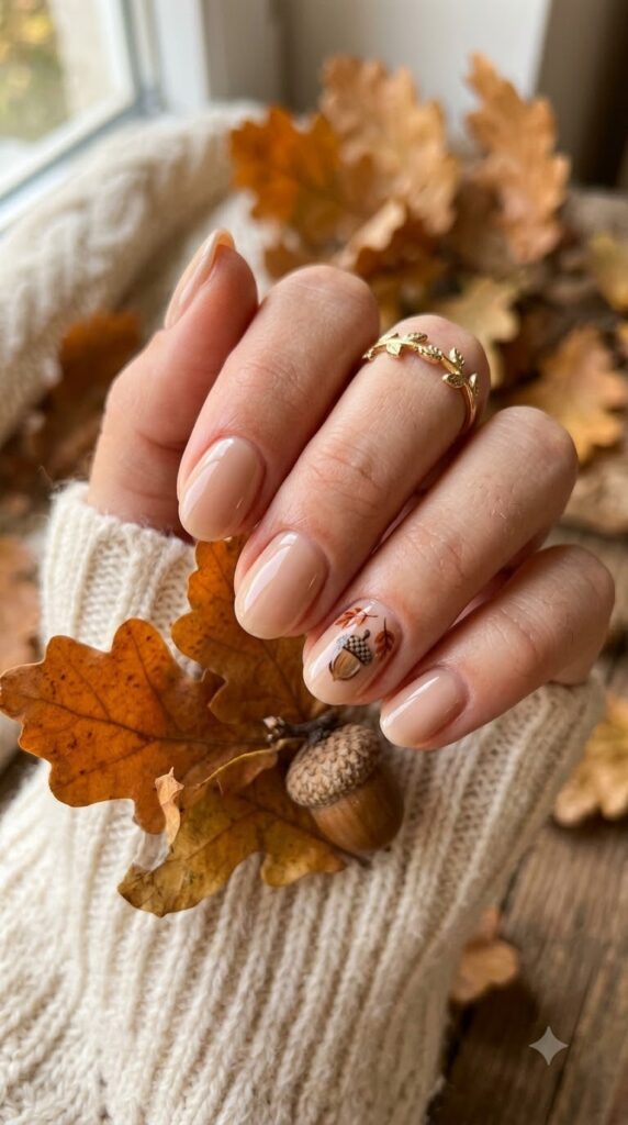 Nude nails with a tiny acorn accent for fall