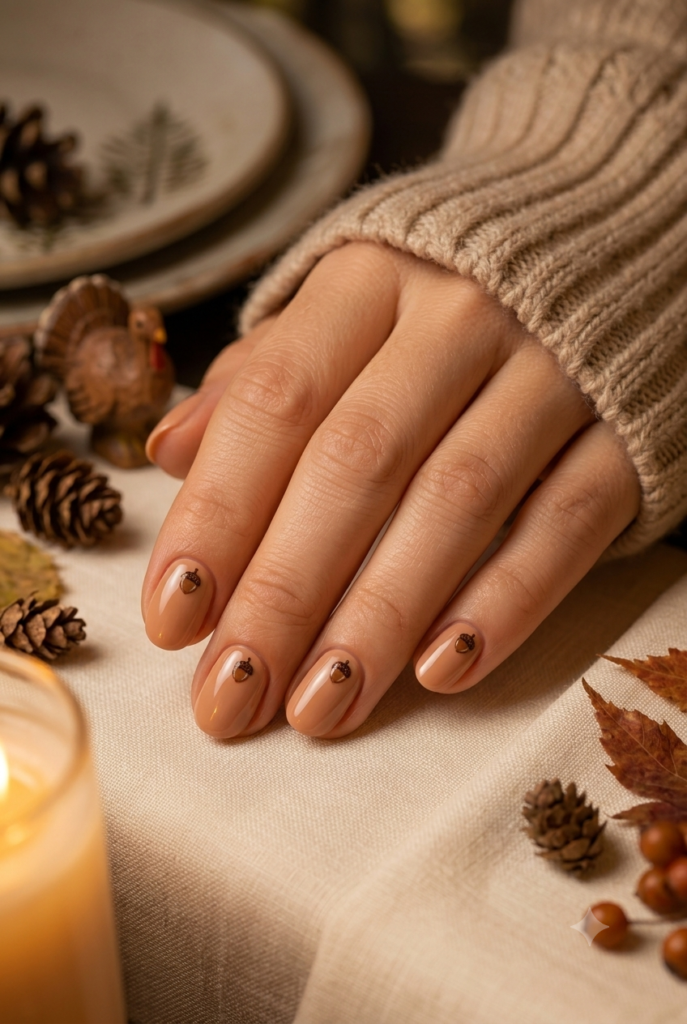 Short oval nails with nude base and tiny brown acorn accents