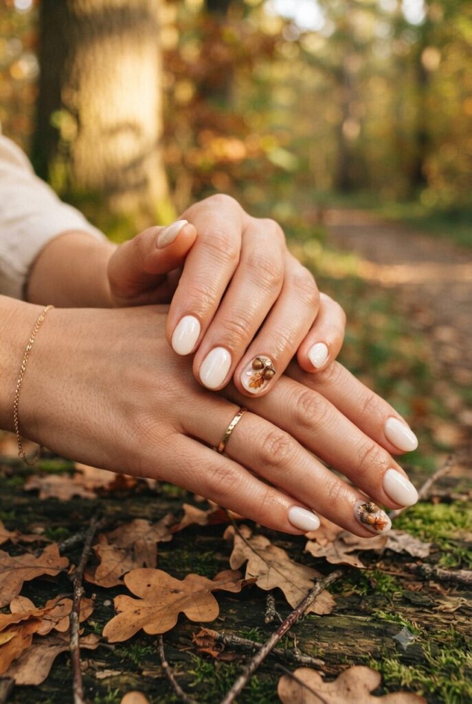Short oval nails with cream base and tiny brown acorn cluster accents