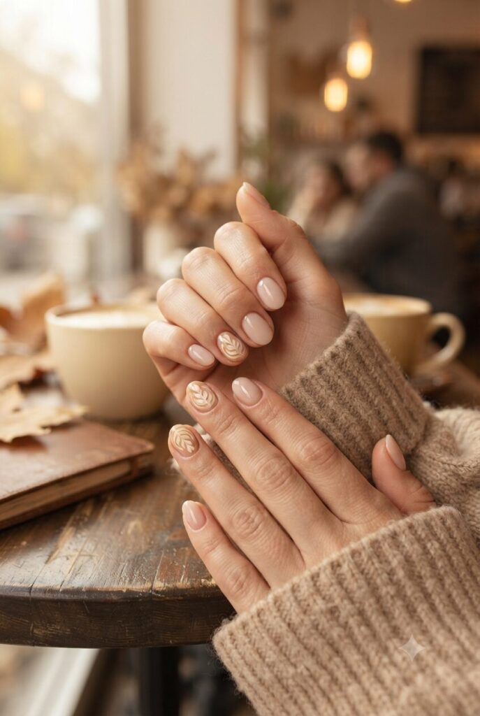 Short oval nails with nude base and tiny cream latte foam swirl accents