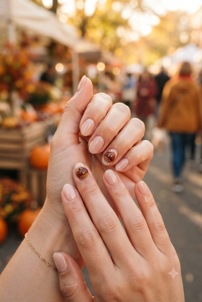 Short oval nails with nude base and tiny brown chestnut 3D accents
