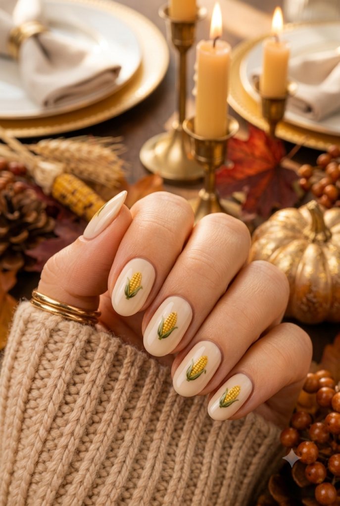 Short almond nails with cream base and tiny yellow corn accents