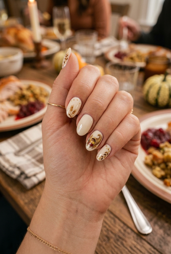 Short oval nails with cream base and tiny gold cornucopia accents