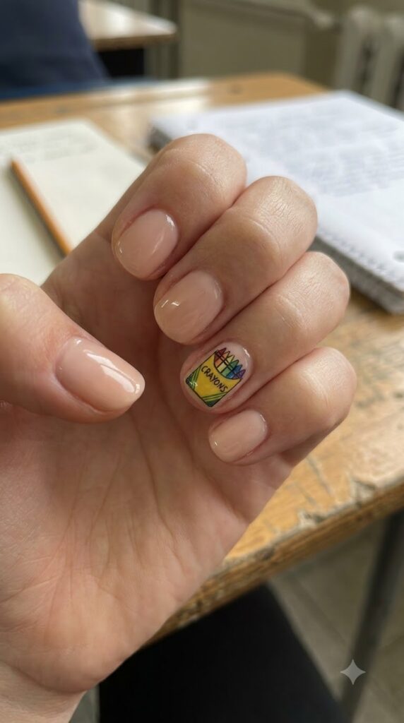 Nude nails with a tiny crayon box accent design