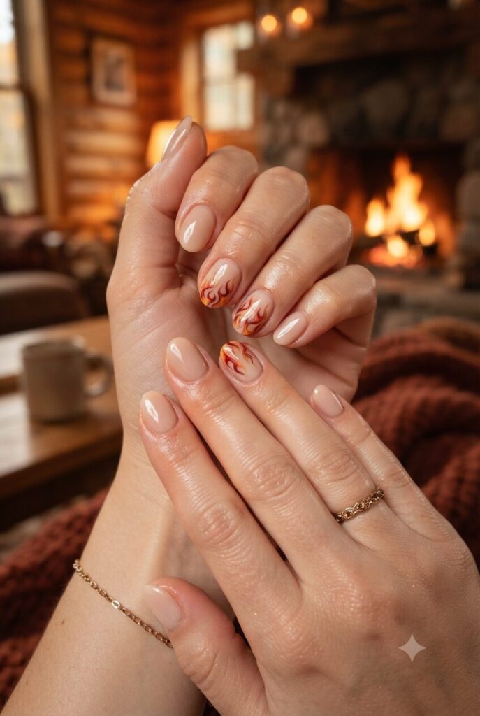 Short oval nails with nude base and tiny orange red flame swirl accents