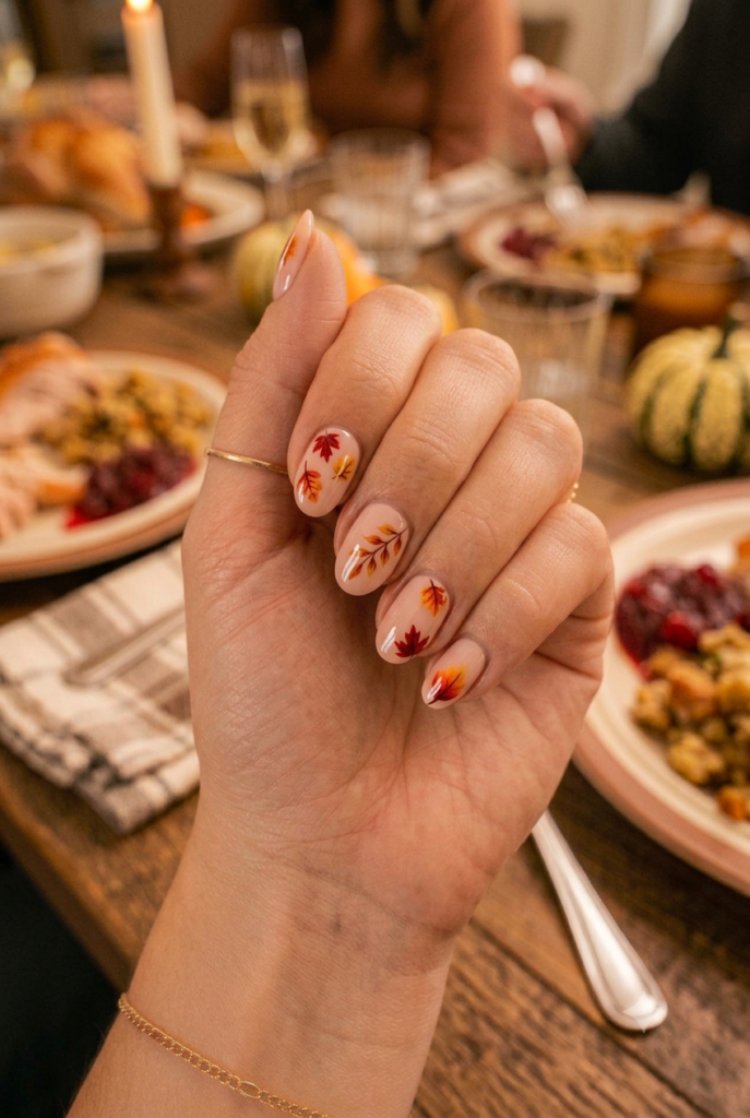 Short almond nails with nude base and tiny red orange yellow leaf accents
