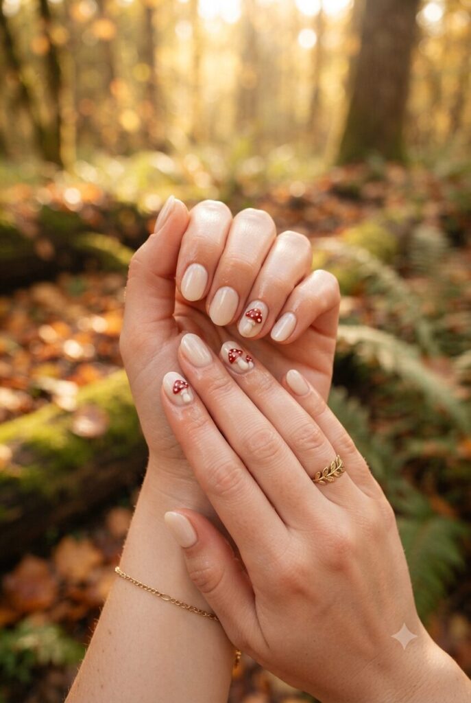 Short oval nails with cream base and tiny red-and-white mushroom accents