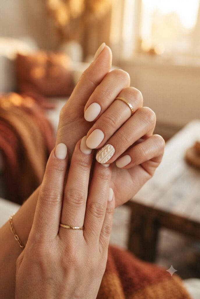 Short oval nails with cream base and tiny cable knit textured accents