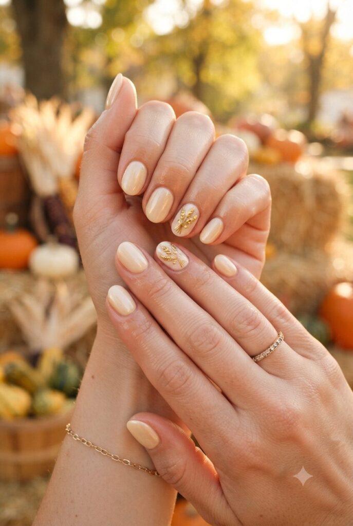Short oval nails with cream base and tiny golden wheat sheaf accents