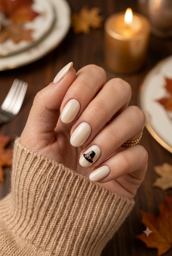 Short almond nails with cream base and tiny black pilgrim hat accent