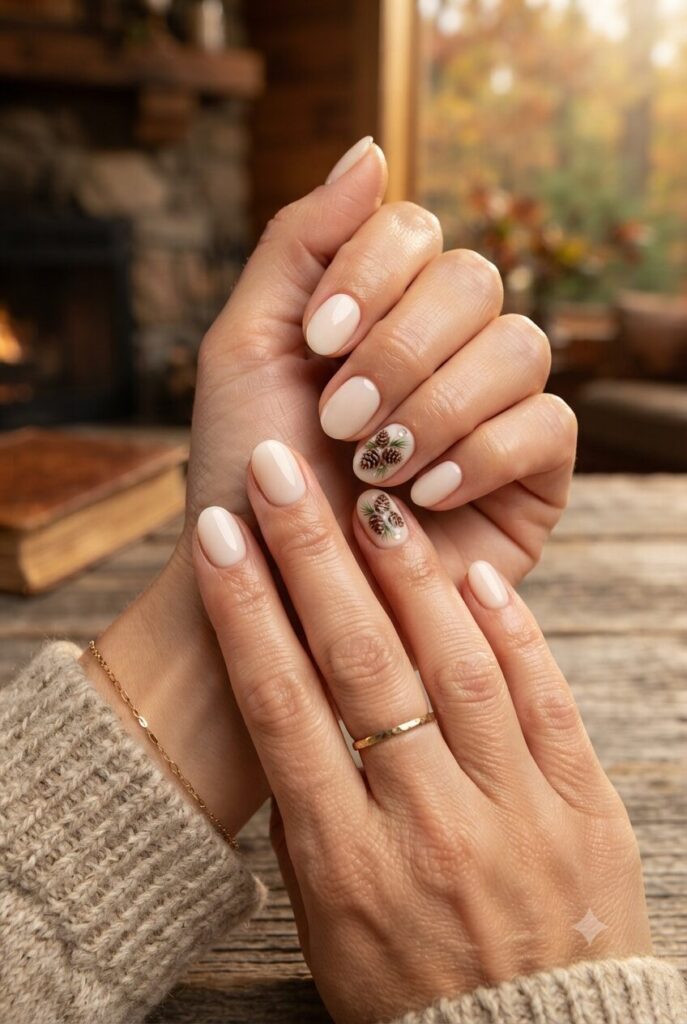 Short oval nails with cream base and tiny brown pinecone accents