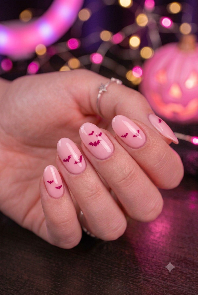 Short oval nails with soft pink base and tiny darker pink bat accents