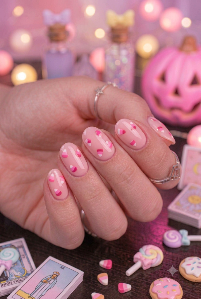 Short oval nails with nude base and tiny pink candy corn accents