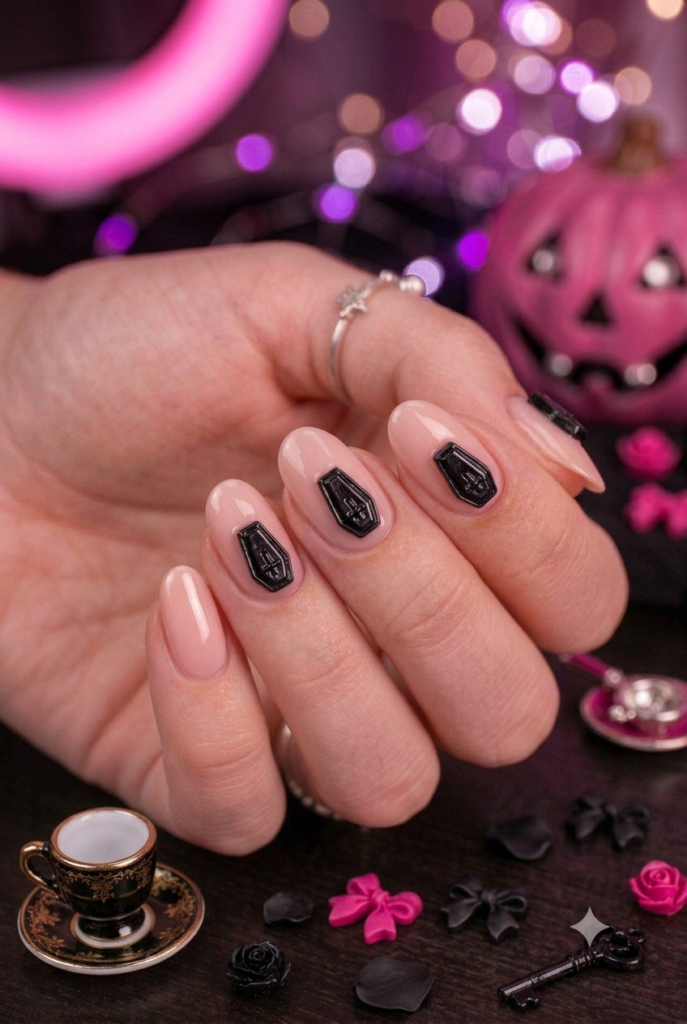 Short almond nails with soft pink base and tiny black coffin accents