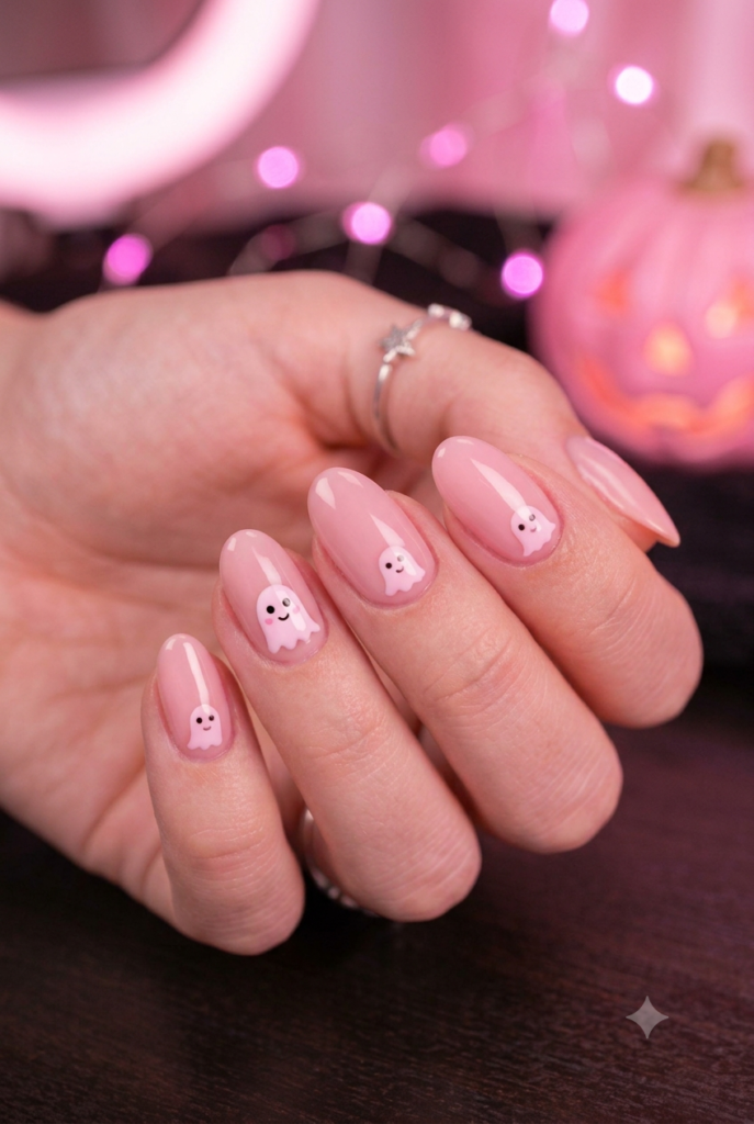 Short oval nails with soft pink base and tiny lighter pink ghost accents