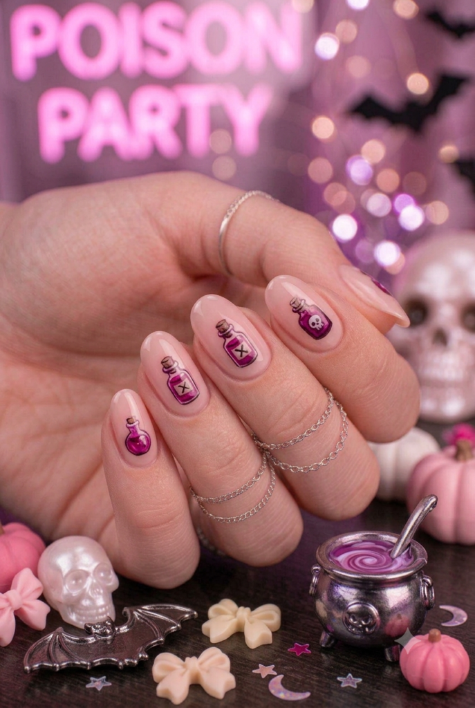 Short almond nails with pink base and tiny dark pink poison bottle accents