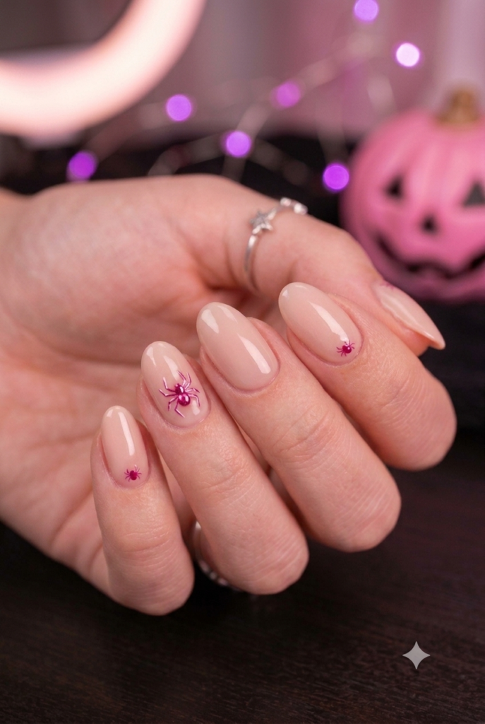 Short oval nails with soft pink base and tiny darker pink spider accents