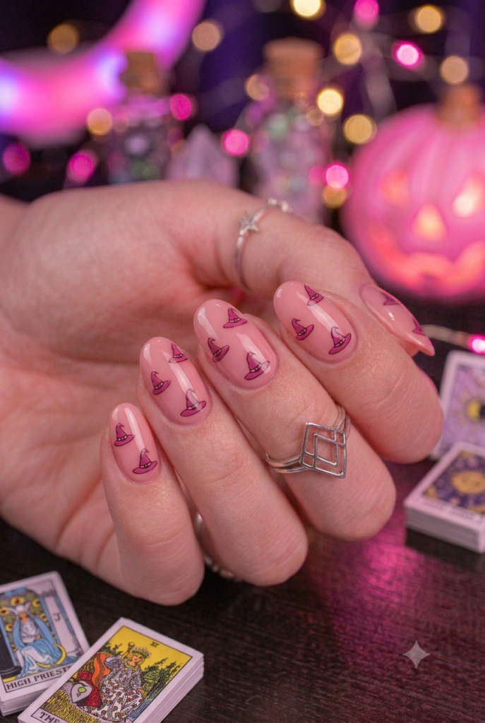 Short almond nails with nude pink base and tiny darker pink witch hat accents