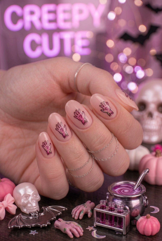 Short almond nails with pink base and tiny darker pink zombie hand accents