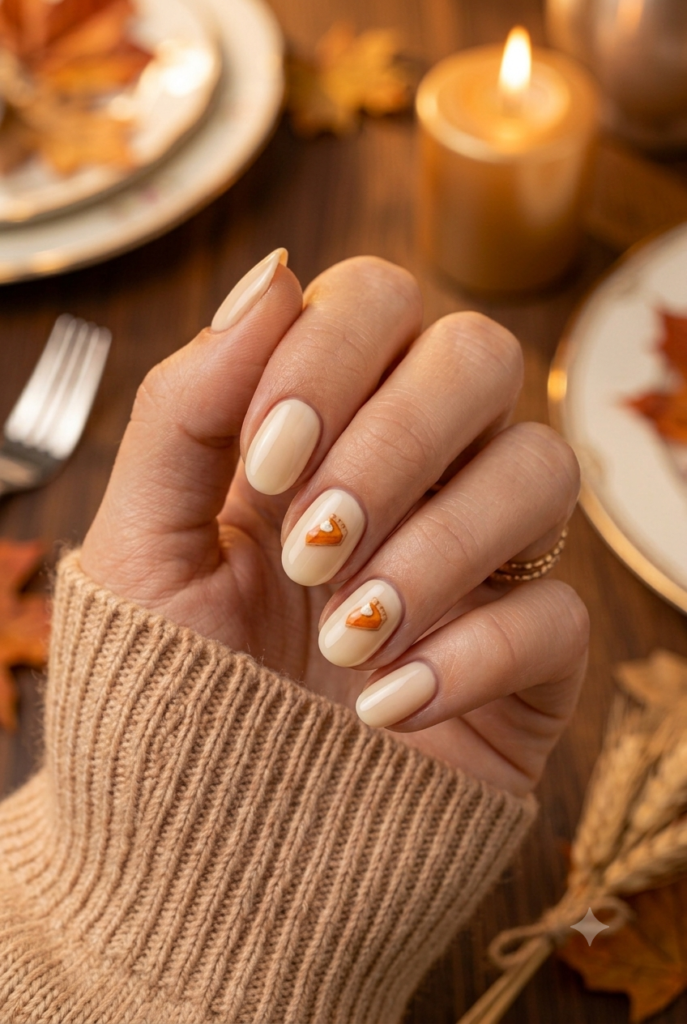 Short oval nails with cream base and tiny pumpkin pie slice accents