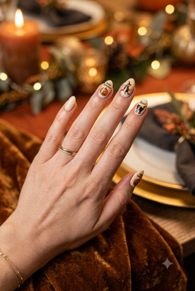 Short almond nails with cream base and tiny retro postcard accents