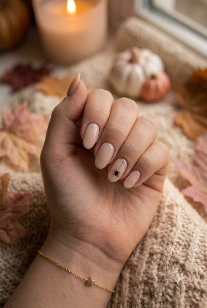 Short oval milky nails with one tiny hanging black spider accent