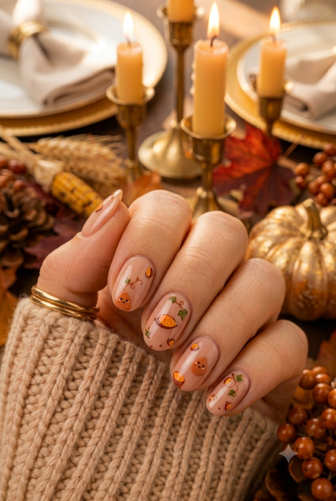 Short oval nails with nude base and tiny orange sweet potato accents