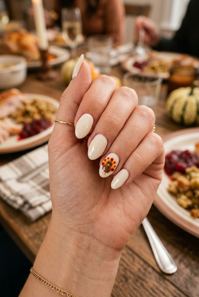 Short almond nails with cream base and tiny cute turkey accent