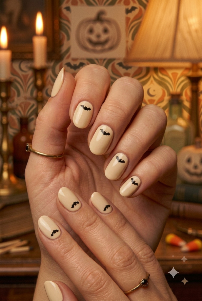 Short oval nails with cream base and tiny retro black bat silhouette accents