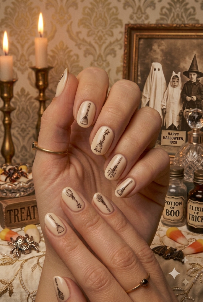 Short almond nails with cream base and tiny hand-drawn retro broom accents