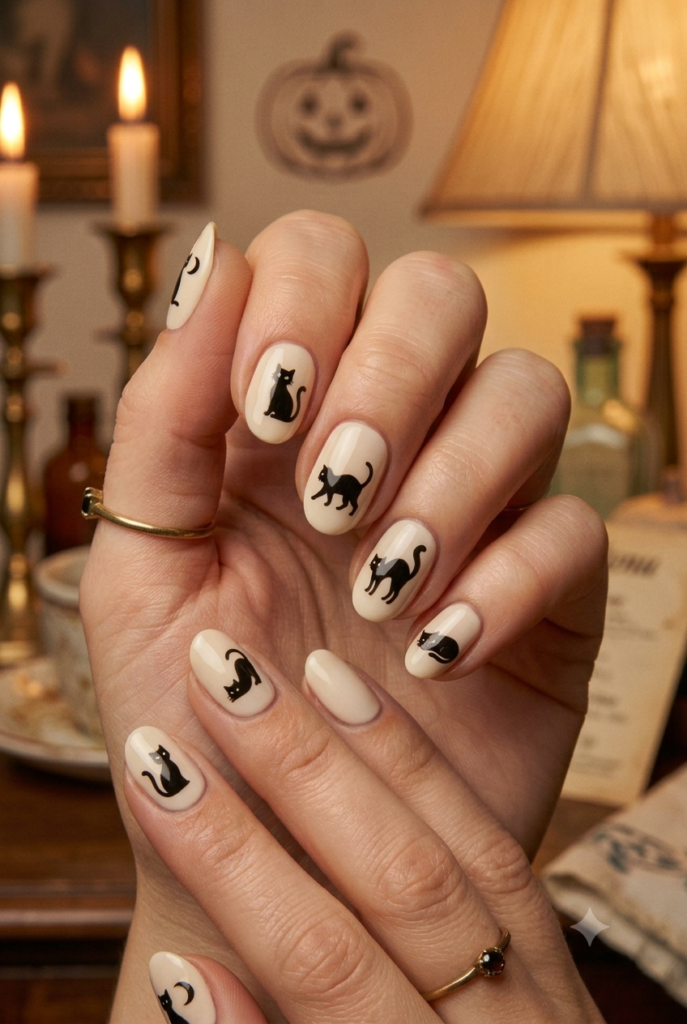 Short oval nails with cream base and tiny retro black cat silhouette accents
