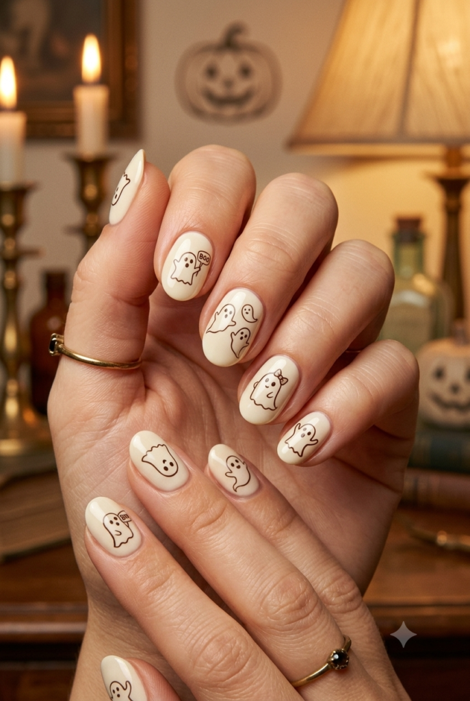 Short oval nails with cream base and tiny hand-drawn vintage ghost accents