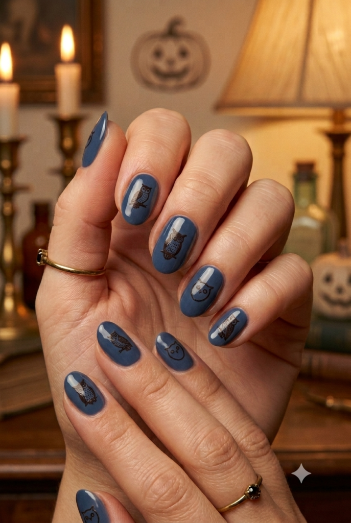 Short oval nails with muted navy base and tiny retro owl silhouette accents