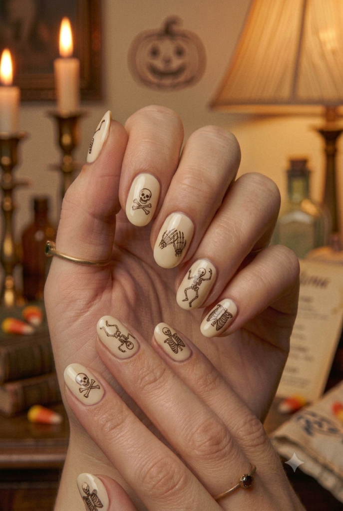 Short almond nails with cream base and tiny retro skeleton art accents