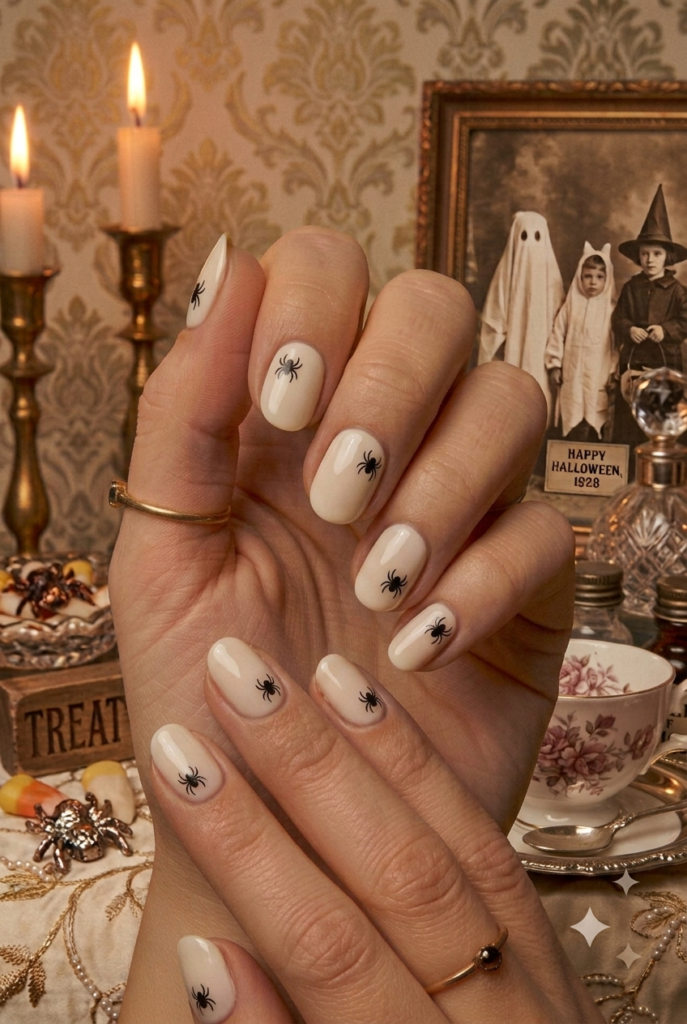 Short oval nails with cream base and tiny retro black spider silhouette accents