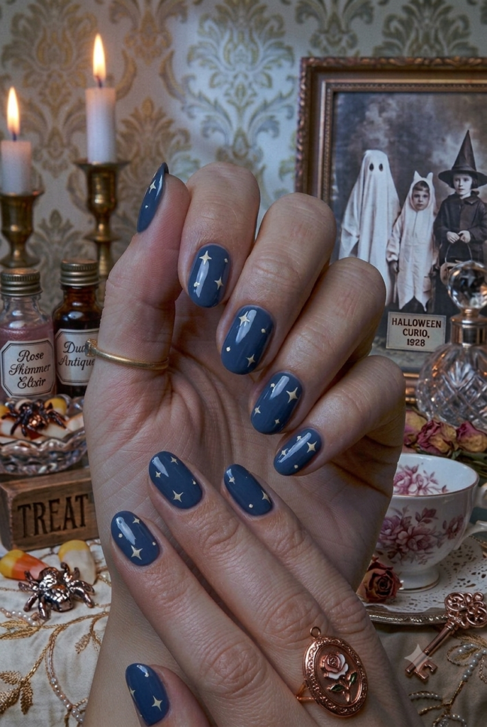 Short almond nails with dusty navy base and tiny cream star accents