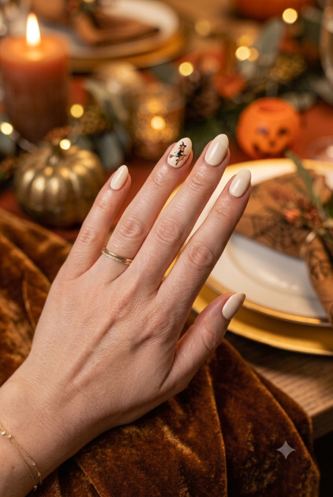 Short almond nails with cream base and tiny retro pin-up witch accent