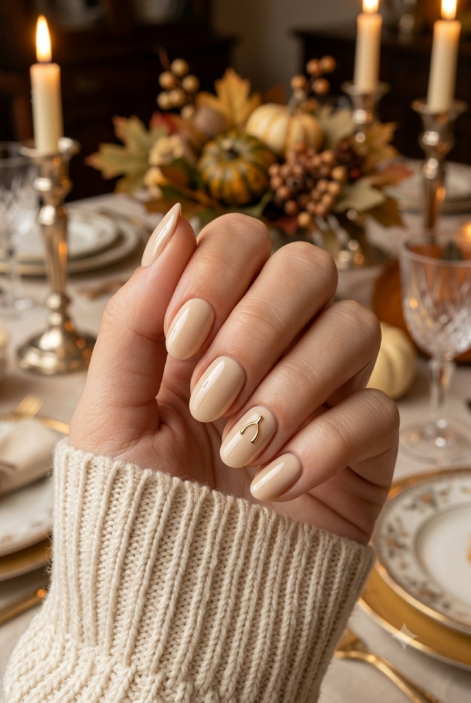 Short almond nails with cream base and tiny gold wishbone accents